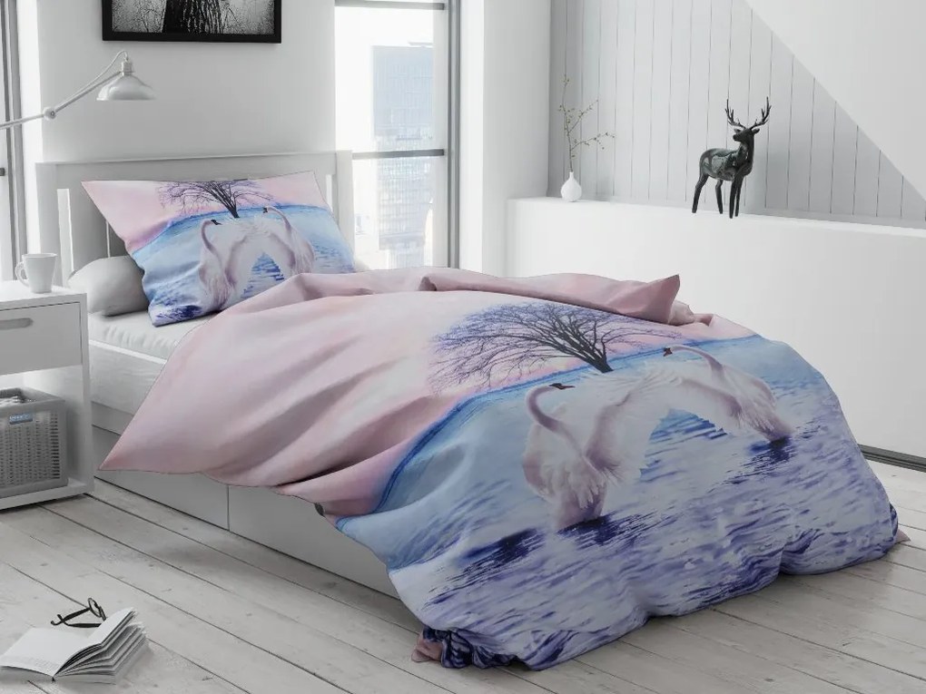 3D ágynemű polipamut Hattyúk TiaHome - 1x Párna 90x70cm, 1x Paplan 140x200cm