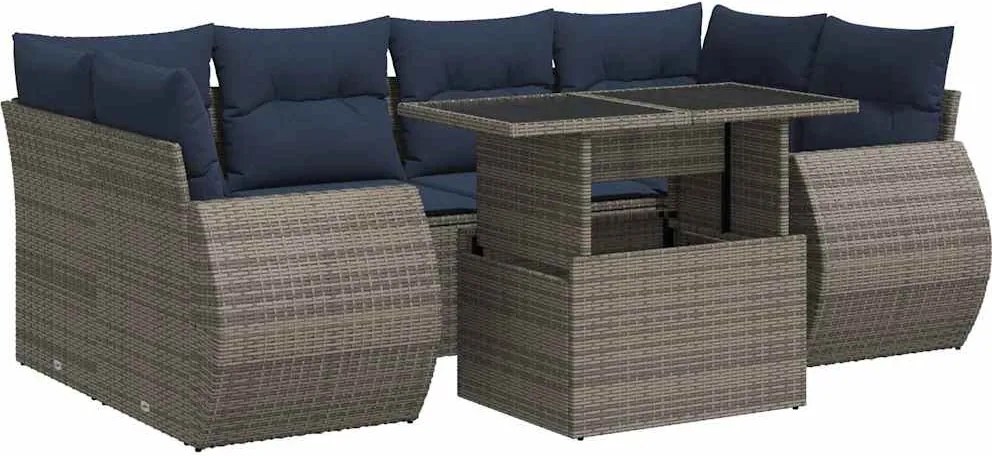vidaXL 7 részes szürke polyrattan akácfa kerti ülőgarnitúra párnákkal