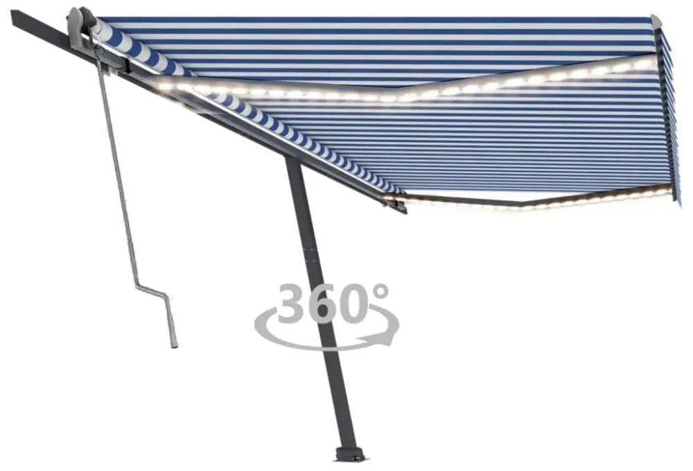 kék/fehér automata szélérzékelős és LED-es napellenző 500x300cm