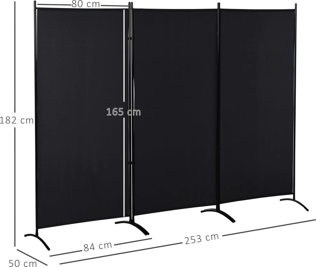 HOMCOM 3-panelás Paraván 2,53m x 0,5m x 1,82m Állványos Szélfogó Fém Poliéster Magas Sűrűségű Fekete | Aosom