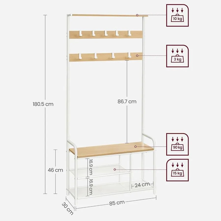 Kabáttartó állvány, előszobafal paddal és cipőtárolóval 30x85x180,5 cm, tölgy és fehér