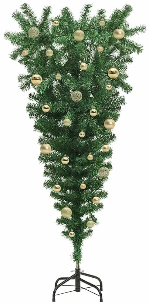 Felfelé álló műfenyő világítással és gömbökkel Zöld 150 cm PVC