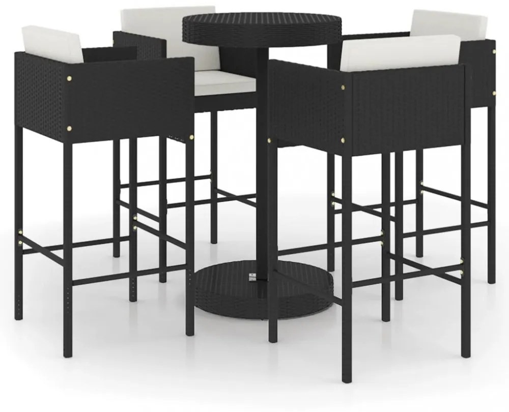 vidaXL 5 részes fekete polyrattan kerti bárszett párnákkal