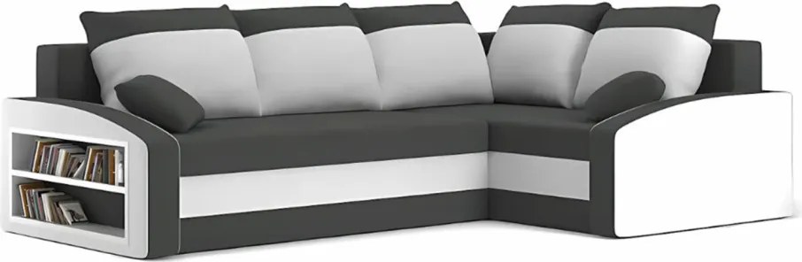 Grande sarokkanapé polcokkal , polc a bal karfaban, jobboldali, szövet anyag, bonell töltet, szürke - fehér