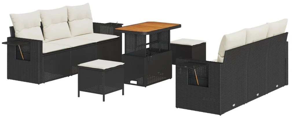 9 Darabos Kerti Kanapé Garnitúra Párnákkal Fekete Poli Rattan Akác, 3 Darabos Kerti Étkező Garnitúra Párnákkal Fekete Poli Rattan Akác
