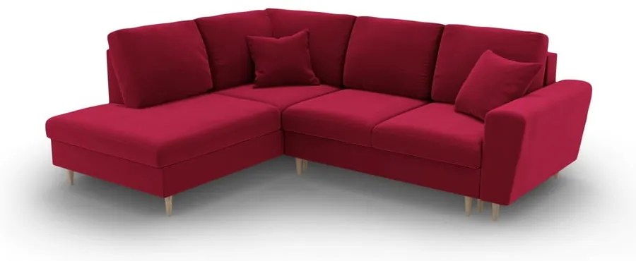 Piros bársony kinyitható tárolóhelyes sarokkanapé (bal oldali-L alakú) Kyoto – Cosmopolitan Design