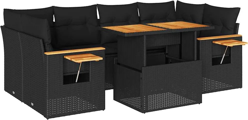 vidaXL 7 részes fekete polyrattan akácfa kerti ülőgarnitúra párnával
