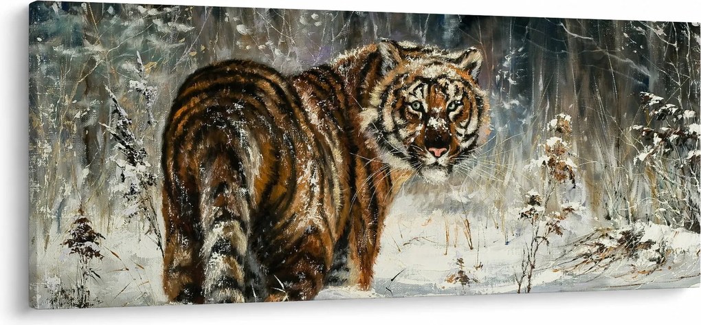 Kép - tigris a havas erdőben, olajfestmény (120x50 cm)