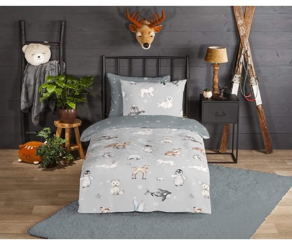 Szürke egyszemélyes flanel gyerek ágyneműhuzat 140x200 cm Cira – Good Morning