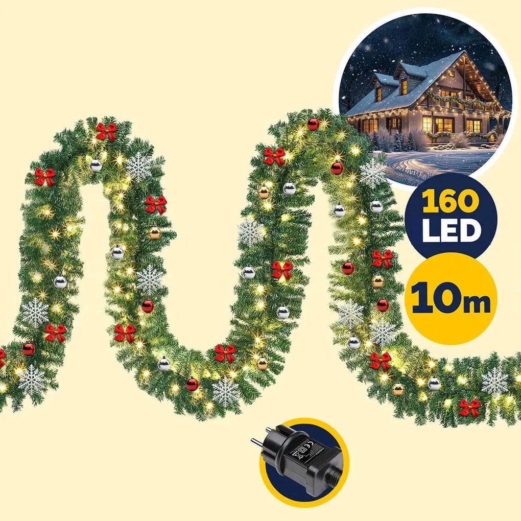 ANDREA karácsonyi fényfüzér világítással, díszített, 10m, zöld Casaria