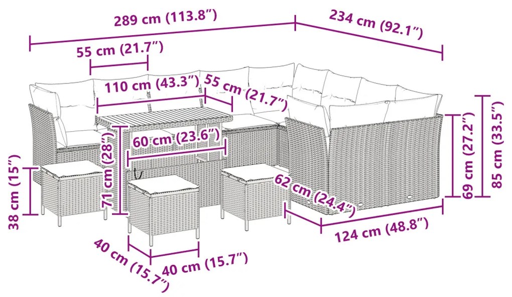 13 darabos kerti kanapé szett párnákkal Bézs poli rattan akáccal, 4 darabos kerti étkező szett párnákkal Bézs poli rattan akáccal