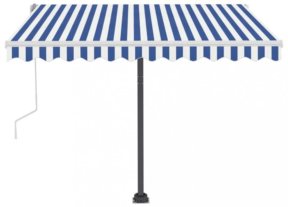 kék és fehér kézzel kihúzható póznás napellenző 350 x 250 cm