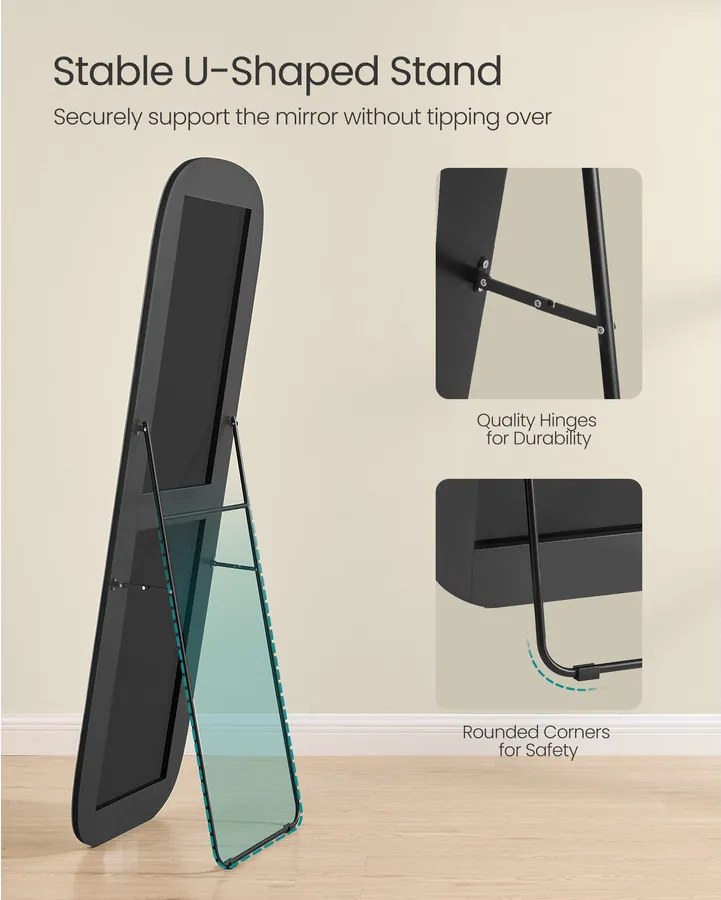 Teljes alakos tükör, állótükör lekerekített sarkokkal, fekete