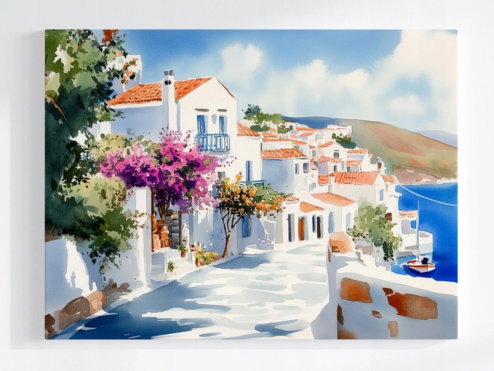 Vászonkép Canvas Görögország Santorini Utca Bugenwilla Tenger 80x60