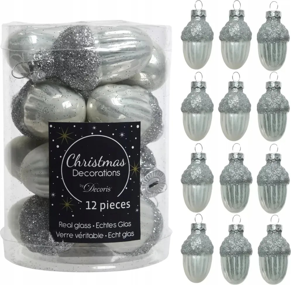 Makk alakú üveggömbök makk 12db-os fehér karácsonyfadísz