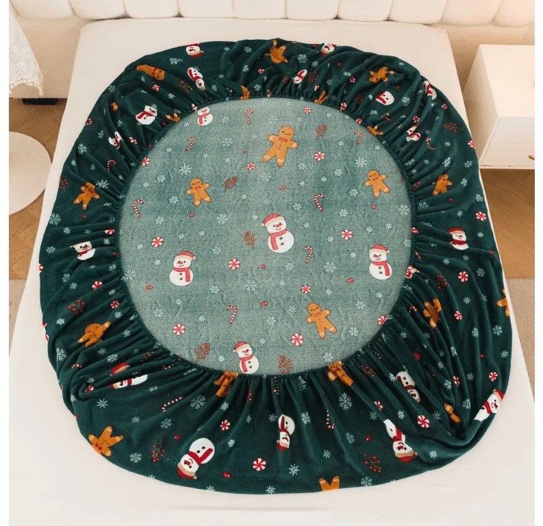 SNOWMAN AND GINGERBREAD 160x200 cm zöld mikroplüss lepedő