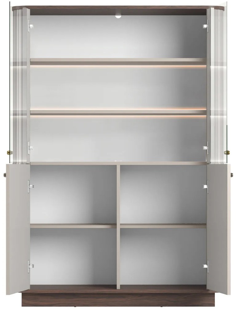 Vesper négyajtós vitrines szekrény 103 cm lábazaton - kasmír / dió / arany fogantyúk