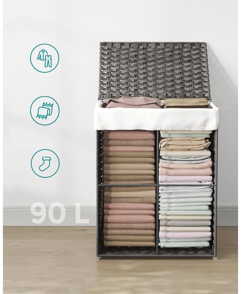 Kézzel fonott rattan szennyeskosár, összecsukható, kivehető zsákkal 90L, szürke