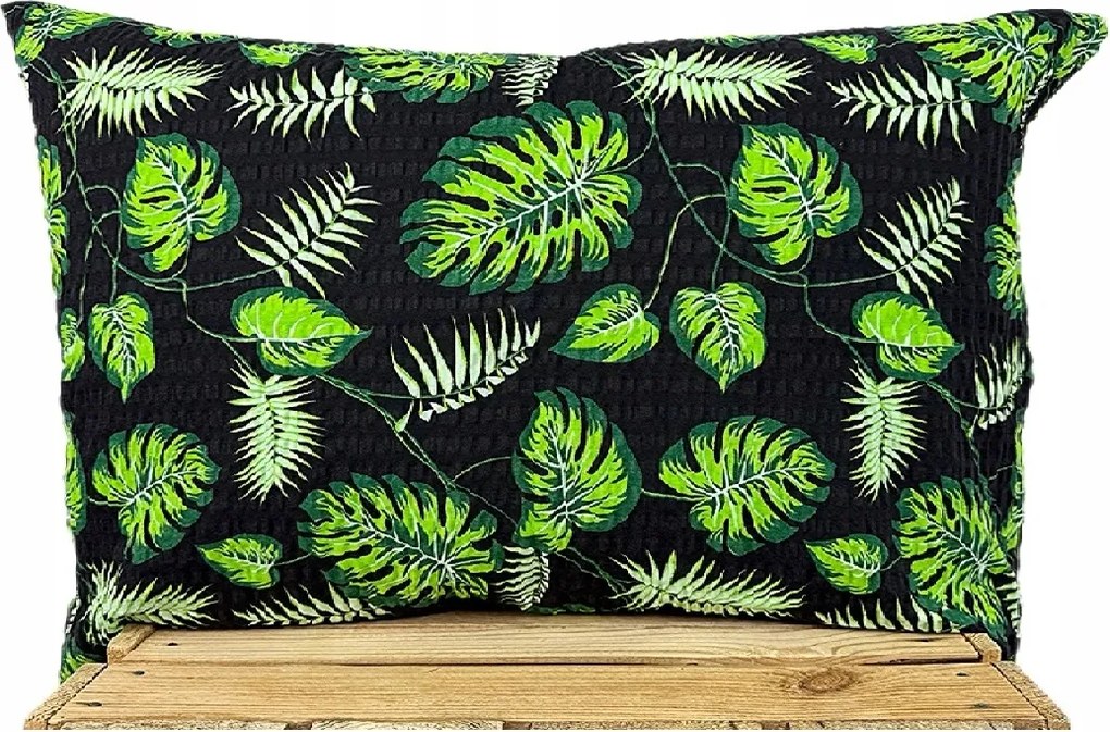Prémium kéreg párnahuzat 100% pamut Monstera levelek kis fekete háttér 50x70