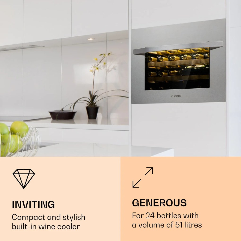 Klarstein Vinsider 24 Built-In Uno, beépített borhűtő, 24 palack, 1 zóna, rozsdamentes acél