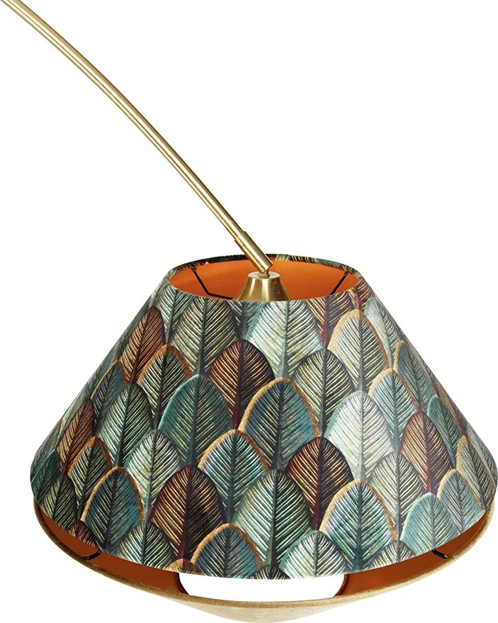 Sárgaréz ívlámpa dupla bársonyernyővel, levélmintával és bézs színben - XXL