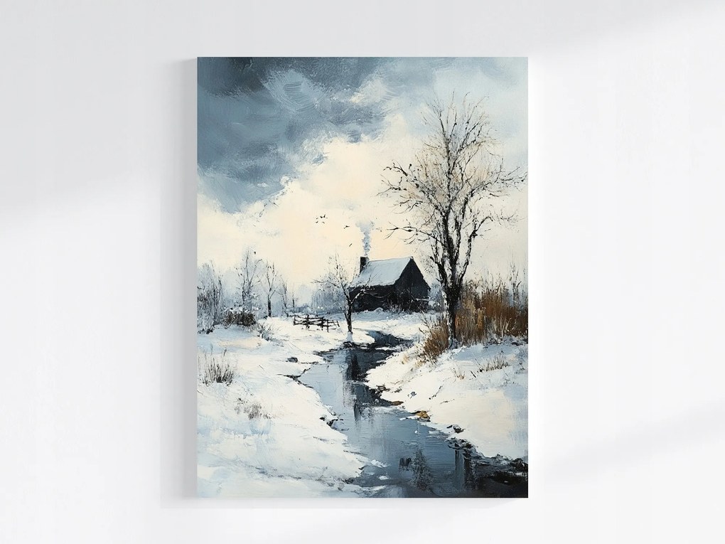 Vászonkép Canvas Tájkép Tél Hó Fagy Patak Ház Kunyhó 60x80