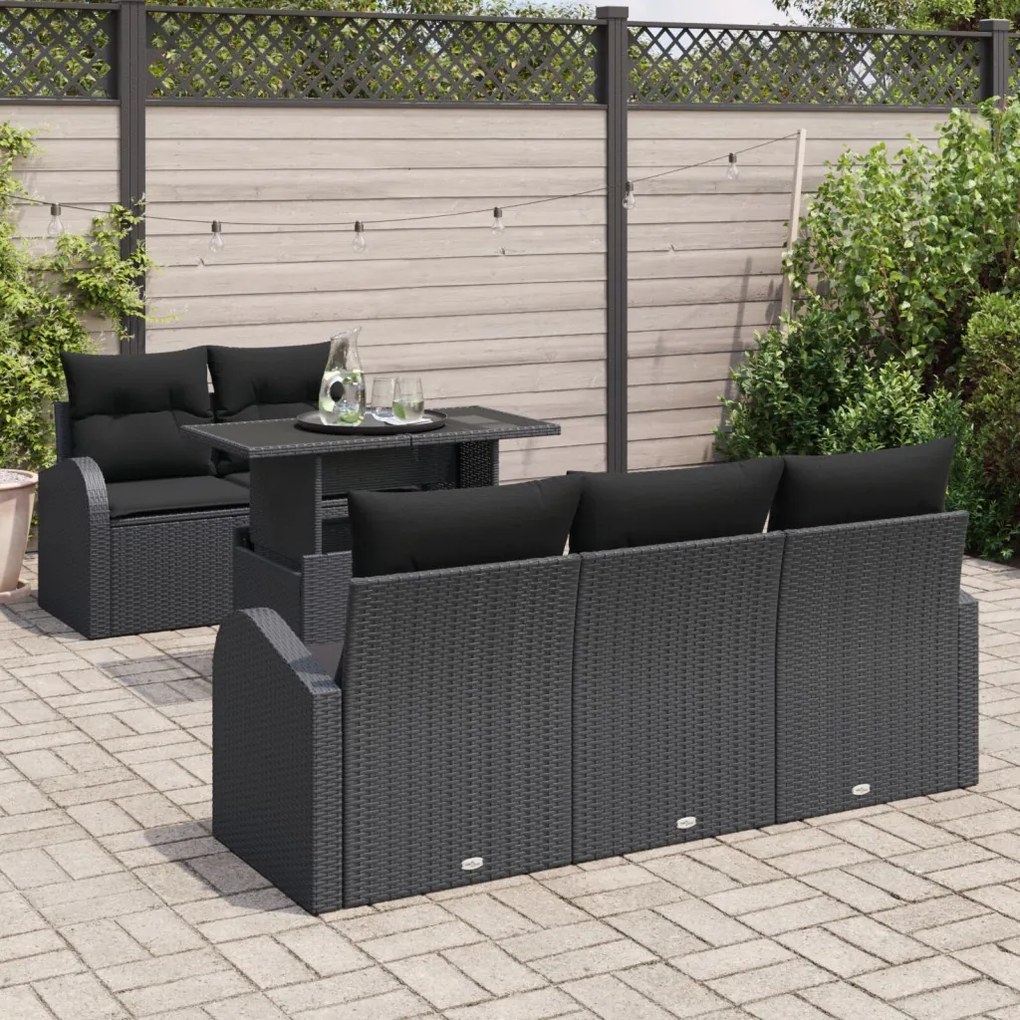 6 részes Kert Kanapé Szett Párnákkal Fekete Poly Rattan, 2 Személyes Kert Kanapé Tárolóval és Párnákkal Fekete Poly Rattan