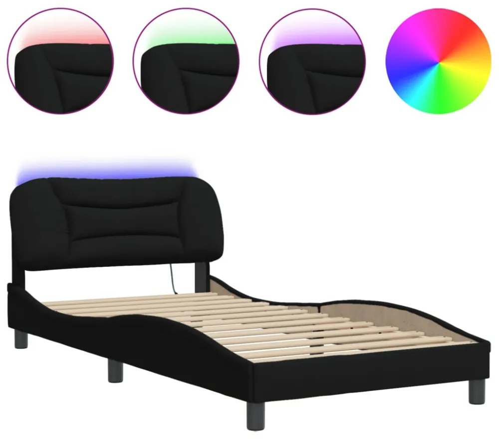 fekete szövet ágykeret LED-ekkel matrac nélkül Hvar 100x200 cm