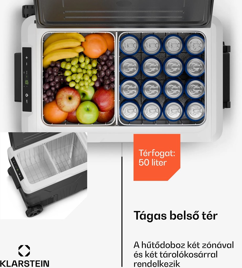 Klarstein PolarForce 50L kompresszoros hűtődoboz, LCD panel, világítás, off-road, akkumulátorvédelem, 12V/230V