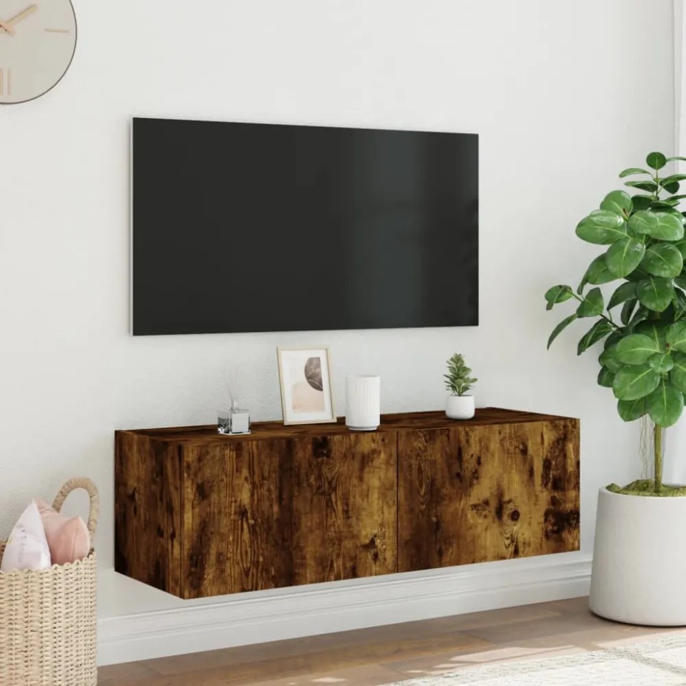 füstös tölgy színű fali TV-szekrény LED-ekkel 100 x 35 x 41 cm