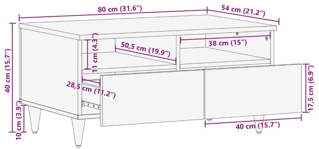 vidaXL Dohányzóasztal fiókkal Sokszínű 80 x 54 x 40 cm Tömör Mangófát