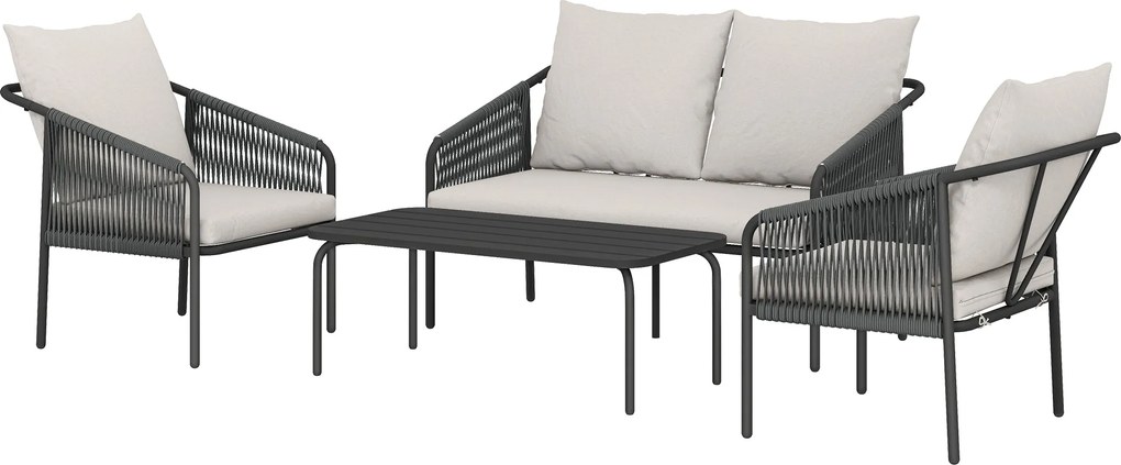 Outsunny 4 részes polyrattan kerti lounge szett – kétszemélyes kanapé, 2 fotel és kisasztal, levehető párnákkal, acélváz – khaki | Aosom