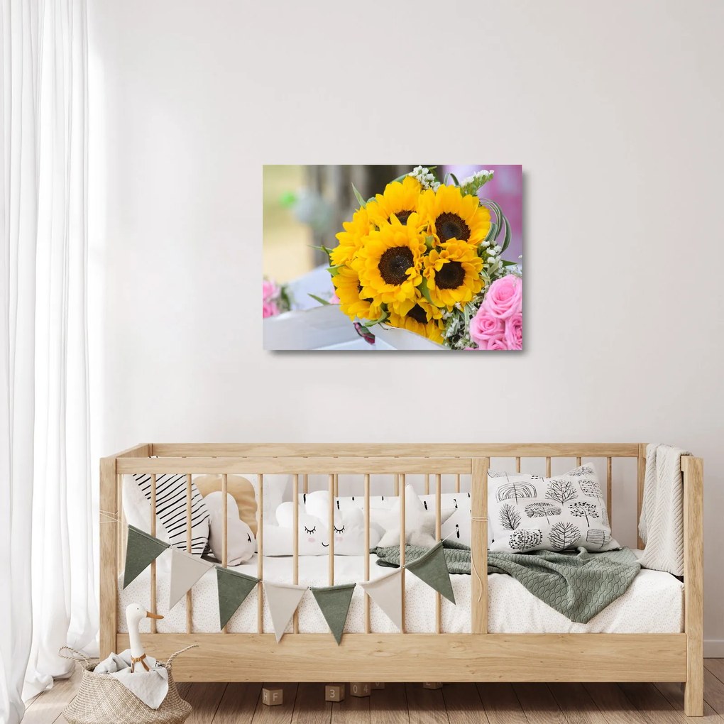 Napraforgós esküvői csokor képe (üvegen) (70x50 cm)
