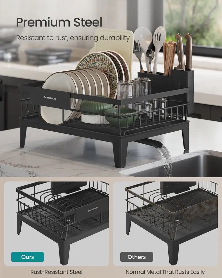Edényszárító állvány, 360°-ban forgatható és kihúzható lefolyóval, fekete