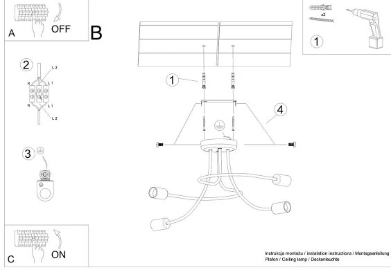 Sollux SL.1455 - Csillár rúdon LEVAR 4xE27/15W/230V fekete