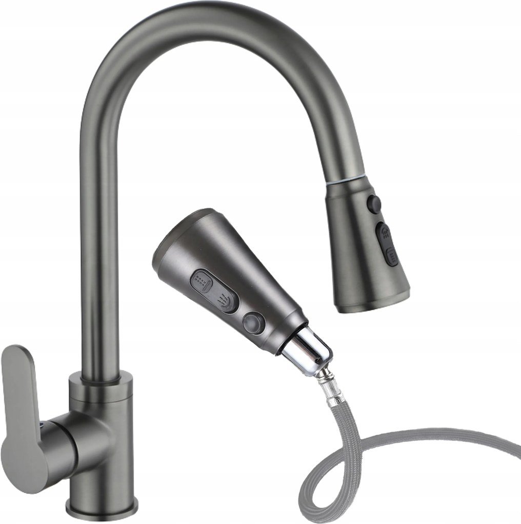 Grafit Konyhai Csaptelep Kihúzható Kifolyócsővel 3 Funkciós, Forgatható