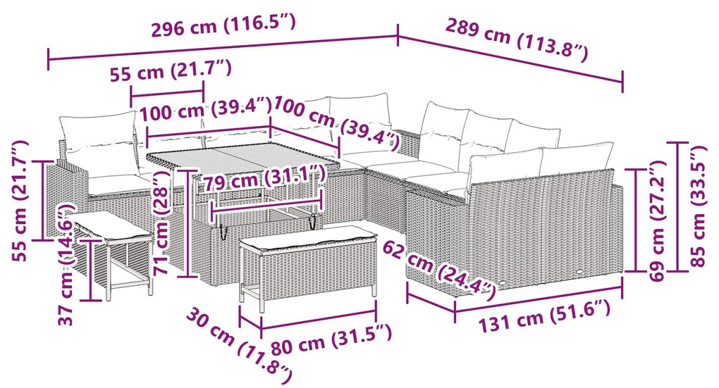vidaXL Kerti Kanapé Szett párnával 17 pcs Fekete polirattan