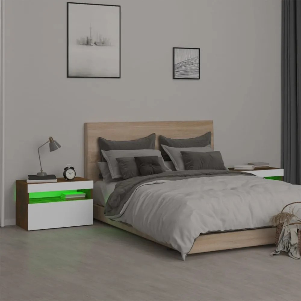 2 db füstös tölgy színű éjjeliszekrény LED-ekkel 60x35x40 cm