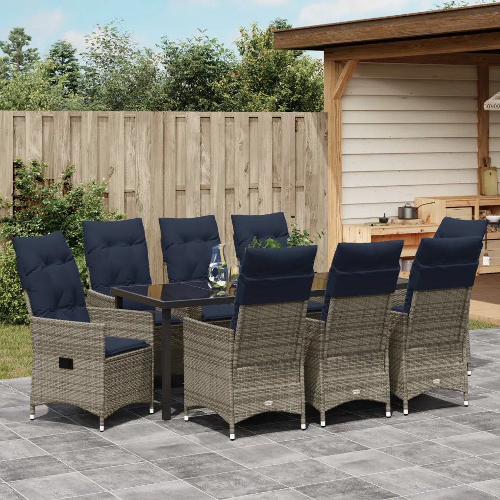 9 Részes Kerti Étkezőszett Párnákkal Szürke Poly Rattan