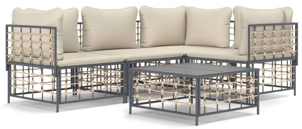 5 részes antracitszürke polyrattan kerti ülőgarnitúra párnákkal