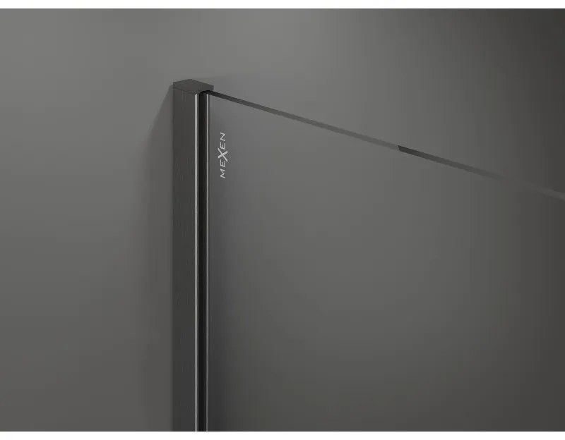 Mexen Kioto+, Walk-In zuhany paraván polccal és akasztóval 130 x 200 cm, 8 mm átlátszó üveg fehér mintás, grafit profil, 800-130-121-66-85