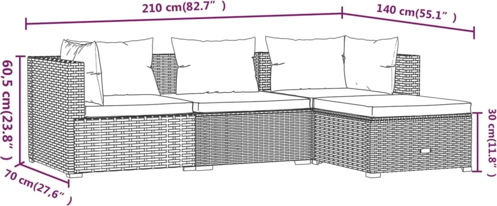 4 részes barna polyrattan kerti bútorszett párnákkal