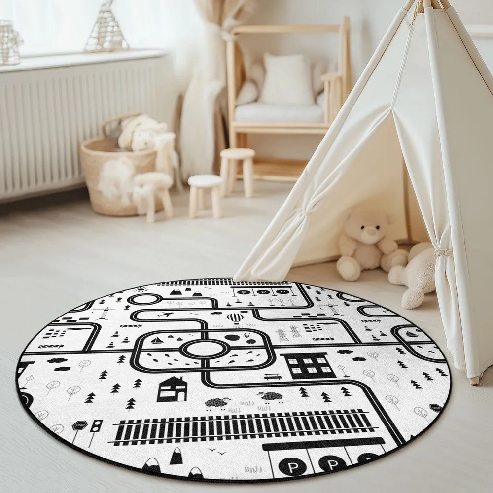 Fekete-fehér mosható gyerek játszószőnyeg ø120 cm In My Town – Mila Home