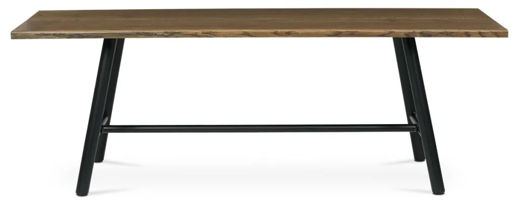 Masă de sufragerie, 220x90cm, furnir, culoare nuc, picioare din metal negru
