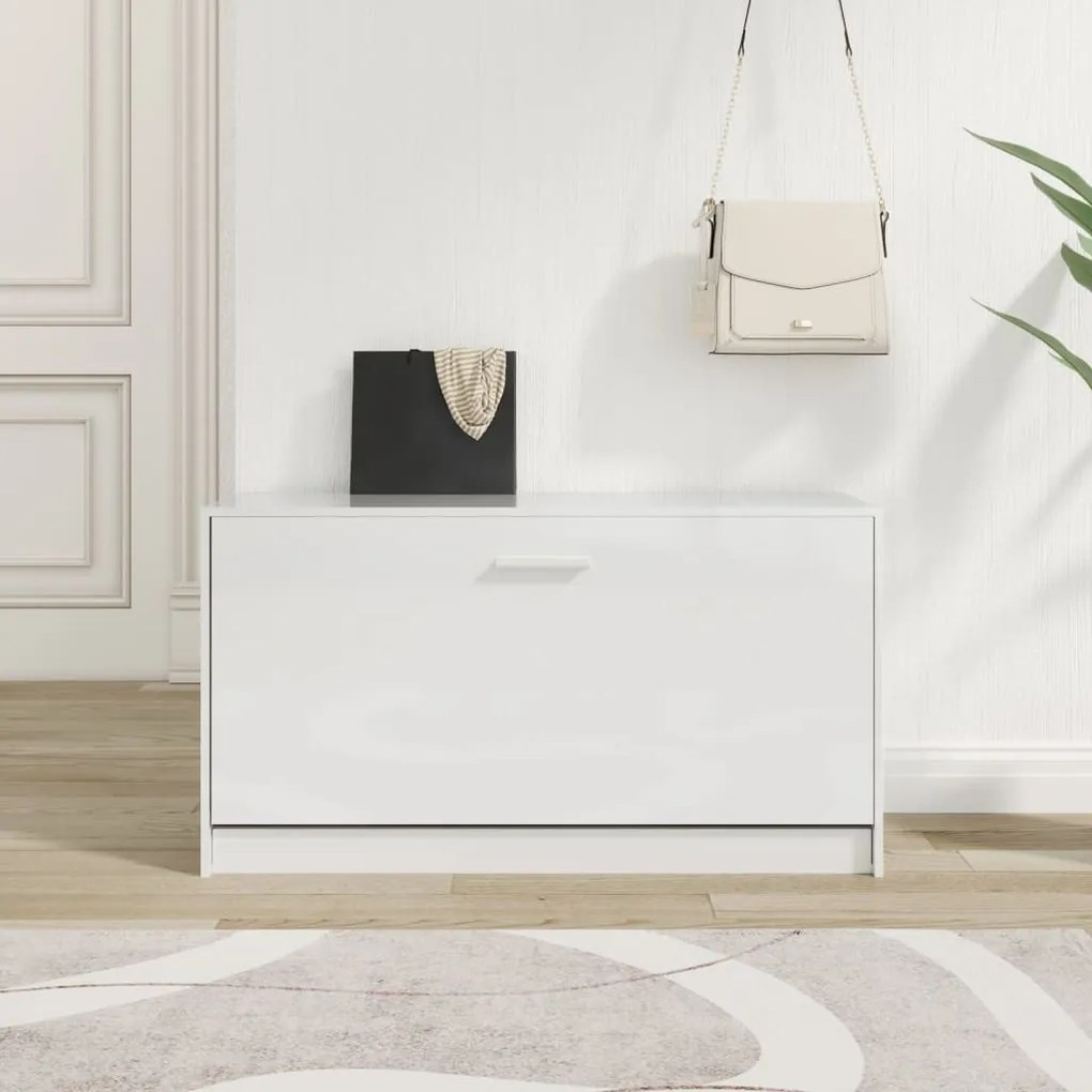 magasfényű fehér szerelt fa cipőtároló pad 80x24x45 cm