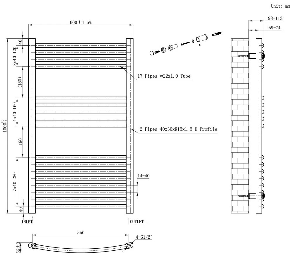 Íves törölközőszárító radiátor 1000x600 mm fekete