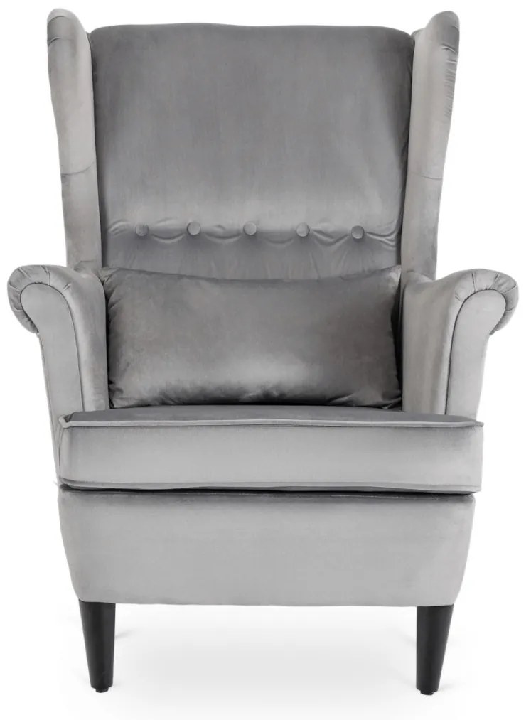 Elegáns Füles Fotel Lábtartóval Szürke Bársony Kárpittal. EVAN 2