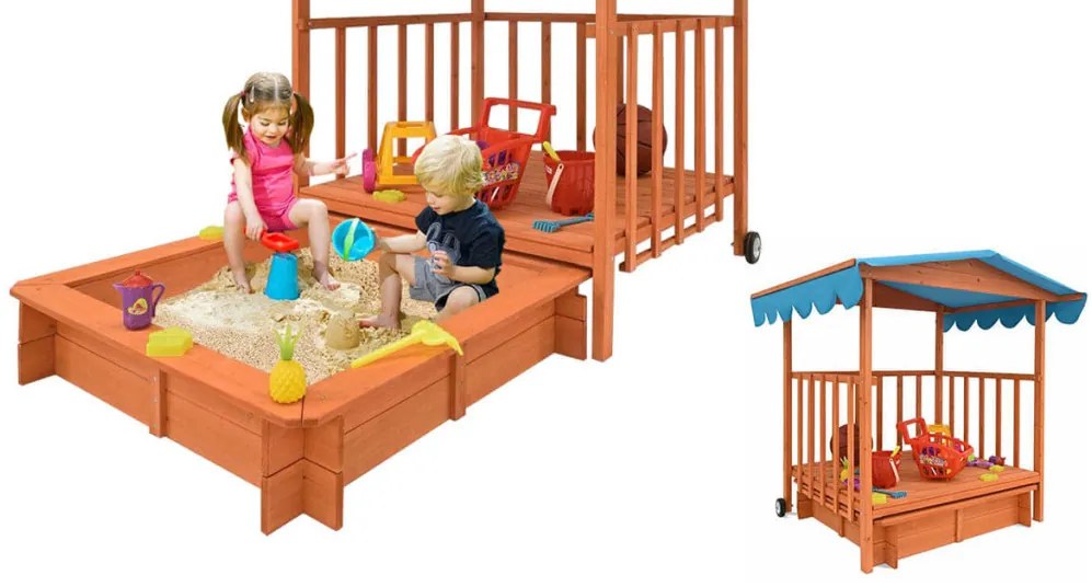Fa játszóház homokozóval és árnyékoló tetővel