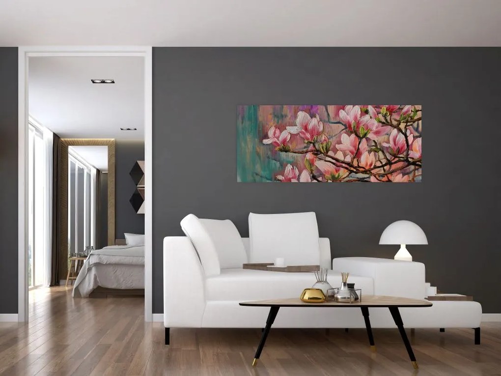 Kép - olajfestmény, virágzó Sakura (120x50 cm)