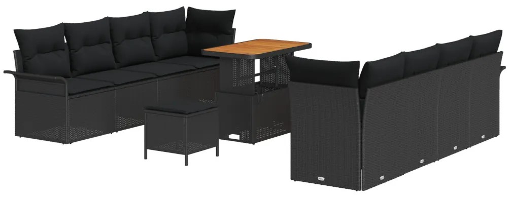 11 darabos kerti kanapé szett párnákkal, fekete poli rattan, akác